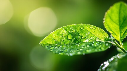 Poster - Close Up of Fresh Green Leaf Glimmering with Raindrops Against Soft Blurred Background : Generative AI