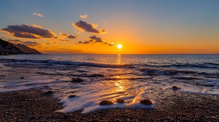 Aufkleber - Breathtaking Sunset Over Calm Ocean Waves at a Serene Beach : Generative AI