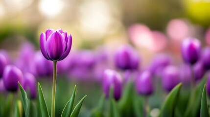 Poster - Beautiful close up of a single purple tulip in a field of purple tulips with a soft blurred background : Generative AI