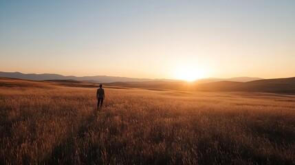 Aufkleber - Silhouette of a Person Walking Through Golden Fields at Sunset Embracing Nature's Relaxation : Generative AI