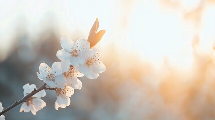 Poster - Beautiful white cherry blossoms illuminated by warm sunlight creating a serene spring ambiance : Generative AI