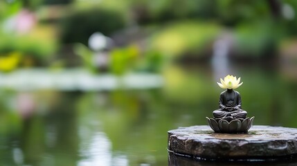 Aufkleber - Tranquil garden scene featuring a serene Buddha statue surrounded by water and lush greenery : Generative AI
