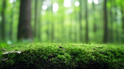Poster - Lush Green Moss Covering the Ground in a Serene Forest Environment : Generative AI