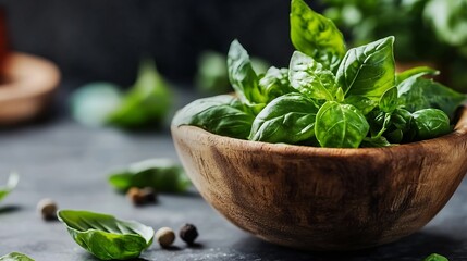 Poster - Fresh green basil leaves in a rustic wooden bowl ready for cooking or garnishing dishes : Generative AI