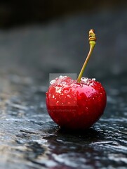 Poster - Juicy red cherry glistening with droplets resting on a rustic tabletop full of natural charm and beauty : Generative AI