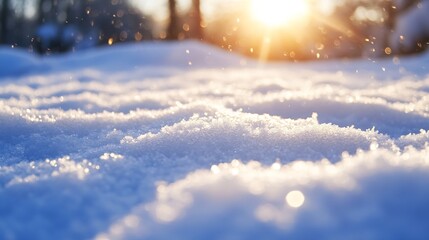 Fototapete - Close up of sparkling snow on ground illuminated by sunlight creating a winter wonderland atmosphere : Generative AI