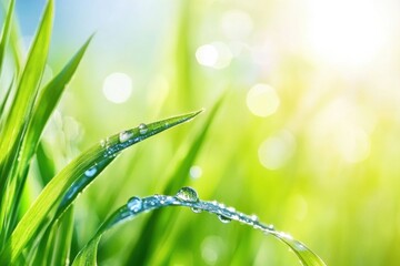 Aufkleber - Close-up view of a dewdrop on a green wheat leaf reflecting soft natural light in a serene setting