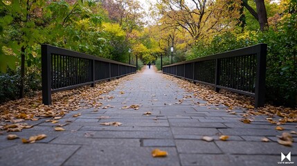 Poster - Picturesque Walkway Lined with Autumn Leaves in a Peaceful Park Setting : Generative AI