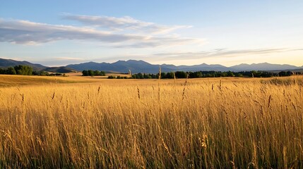 Aufkleber - Vast Golden Field of Wheat with Distant Mountains and Beautiful Sky During Sunset : Generative AI
