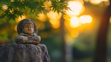 Aufkleber - Tranquil Buddha Statue Surrounded by Nature with Golden Sunset Glow : Generative AI