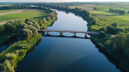 Poster - Serene landscape featuring a beautiful river with a bridge surrounded by lush greenery : Generative AI