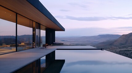 Aufkleber - Modern Architectural Marvel with Stunning Pool Overlooking a Mountainous Landscape at Dusk : Generative AI
