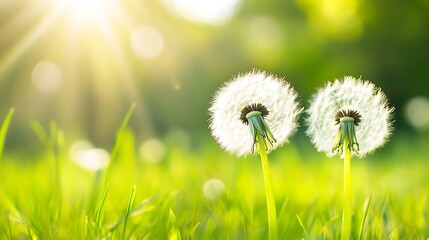 Poster - Close Up of Beautiful Dandelion Flowers in Sunlight with Glowing Backdrop in Nature : Generative AI