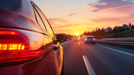 Aufkleber - Vibrant sunset driving scene with a red car on a highway surrounded by nature : Generative AI