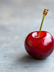 Poster - Close up of a fresh red cherry with a green stem showcasing its glossy surface : Generative AI