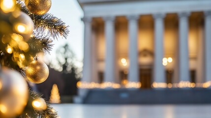 Poster - Glistening Christmas Tree Decorations in Front of Historic Building with Warm Holiday Lights : Generative AI