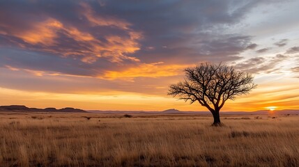 Aufkleber - Solitary tree at dusk silhouetted against a colorful sky with dramatic clouds and mountains : Generative AI