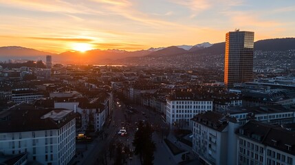 Fototapete - Stunning city skyline capturing the golden sunset casting a warm glow over the urban landscape and distant mountains : Generative AI
