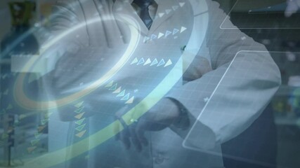 Canvas Print - scientist in lab coat interacting with futuristic digital interface animation