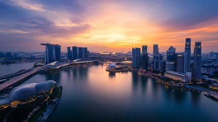 Poster - Stunning sunset view over a modern city skyline reflecting on calm waters at dusk : Generative AI