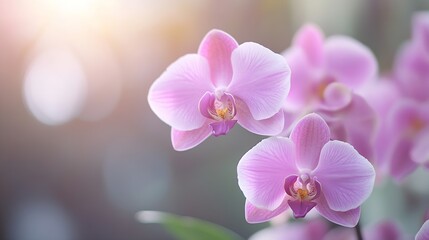 Poster - CloseUp of Beautiful Pink Orchid Flowers Blooming in Soft Light Creating a Romantic Atmosphere : Generative AI