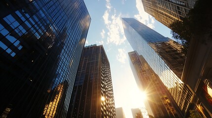 Aufkleber - A stunning perspective of modern skyscrapers reaching towards the sky with a brilliant sunset backdrop : Generative AI