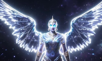 Wall Mural - A divine celestial guardian, their body composed of shifting stardust, spreads their wings made of pure light. Their glowing form pulses with the energy of the cosmos