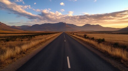 Aufkleber - Long stretch of highway leading towards majestic mountains under a stunningly beautiful sunset sky : Generative AI