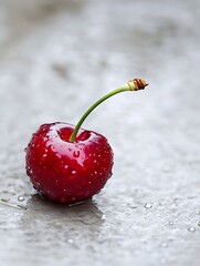 Poster - Raindrops glisten on a fresh red cherry standing alone on a wet surface after rain : Generative AI