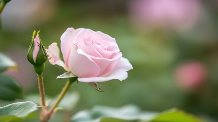 Poster - Delicate pink rose blooming with vibrant petals surrounded by lush greenery in a garden setting : Generative AI