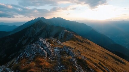 Aufkleber - Breathtaking mountain range view during sunset with rugged terrain and beautiful clouds creating an awe inspiring landscape : Generative AI