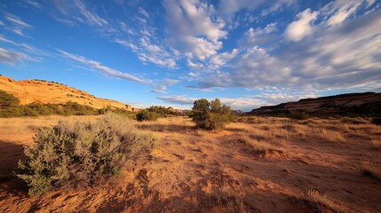 Leinwandbilder - Stunning panoramic view of a serene desert landscape under a bright blue sky with scattered clouds : Generative AI