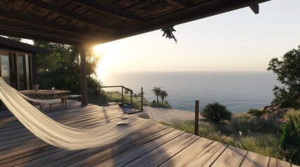 Poster - Stunning Oceanfront View from a Relaxing Deck with a Comfortable Hammock Overlooking the Calm Seas at Sunset : Generative AI