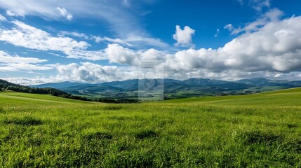 Aufkleber - Breathtaking panoramic view of green hills under a vast blue sky with fluffy clouds in the background : Generative AI