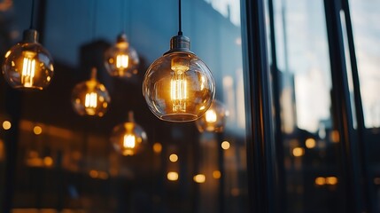 Aufkleber - Stylish vintage light bulbs hanging in a modern setting creating a warm atmosphere : Generative AI