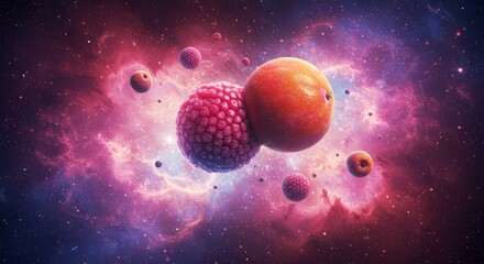 Wall Mural - Cosmic Fruit Fusion: A Summer Space Odyssey - A vibrant abstract symbolizing summer, cosmic wonder, fruit fusion, vibrant colors, and celestial delights