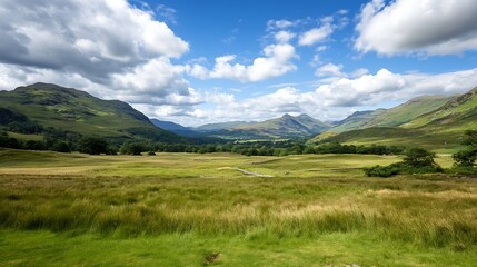 Aufkleber - Breathtaking panoramic view of green valleys and majestic mountains under a vibrant blue sky : Generative AI
