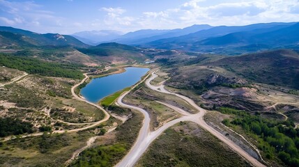 Poster - Stunning Aerial View of Serene Lake Surrounded by Lush Green Hills and Scenic Mountains : Generative AI