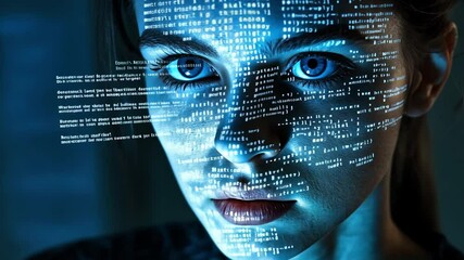 Wall Mural - digital code projection: a woman's face is illuminated by a mesmerizing cascade of binary code, with