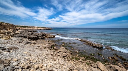 Aufkleber - Seaside rocky coastline with clear water and bright sky showing natural beauty and tranquility : Generative AI