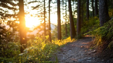 Poster - Scenic sunlit forest path illuminated by dawn sunlight in a tranquil woodland setting : Generative AI