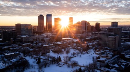 Poster - Stunning Winter Sunset Above Urban Skyline with Snowy Parks : Generative AI