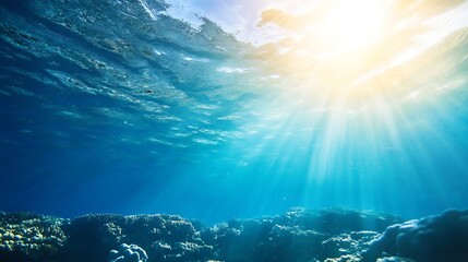 Poster - Beneath the ocean water surface with sunlight streaming through creating a serene atmosphere : Generative AI