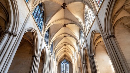 Poster - Architectural view of the inside of a historical church with beautiful stained glass windows : Generative AI