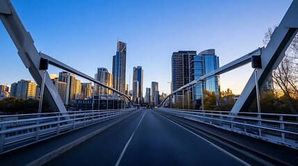 Poster - Stunning city skyline at dusk with towering skyscrapers and a bridge leading into the urban landscape : Generative AI