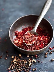 Poster - Close Up of Red Spice Blend in a Rustic Bowl with Spoon for Culinary Delight : Generative AI