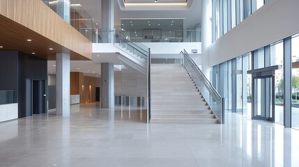 Aufkleber - Bright and Spacious Modern Interior of a Building Featuring Elegant Stairs and Large Windows : Generative AI