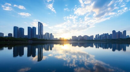 Fototapete - Modern city skyline reflected in calm waters during a stunning sunset : Generative AI
