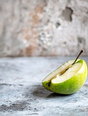 Poster - Freshly sliced green apple half revealing juicy interior with textured backdrop : Generative AI