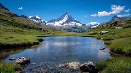 Poster - Breathtaking alpine landscape featuring serene lake and towering mountains under blue sky : Generative AI